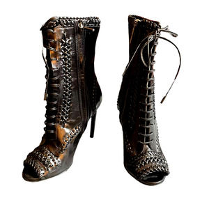 Jason Wu Womens Patent Leather Lace-Up Stiletto Bootie Peep Toe Size 6US Black